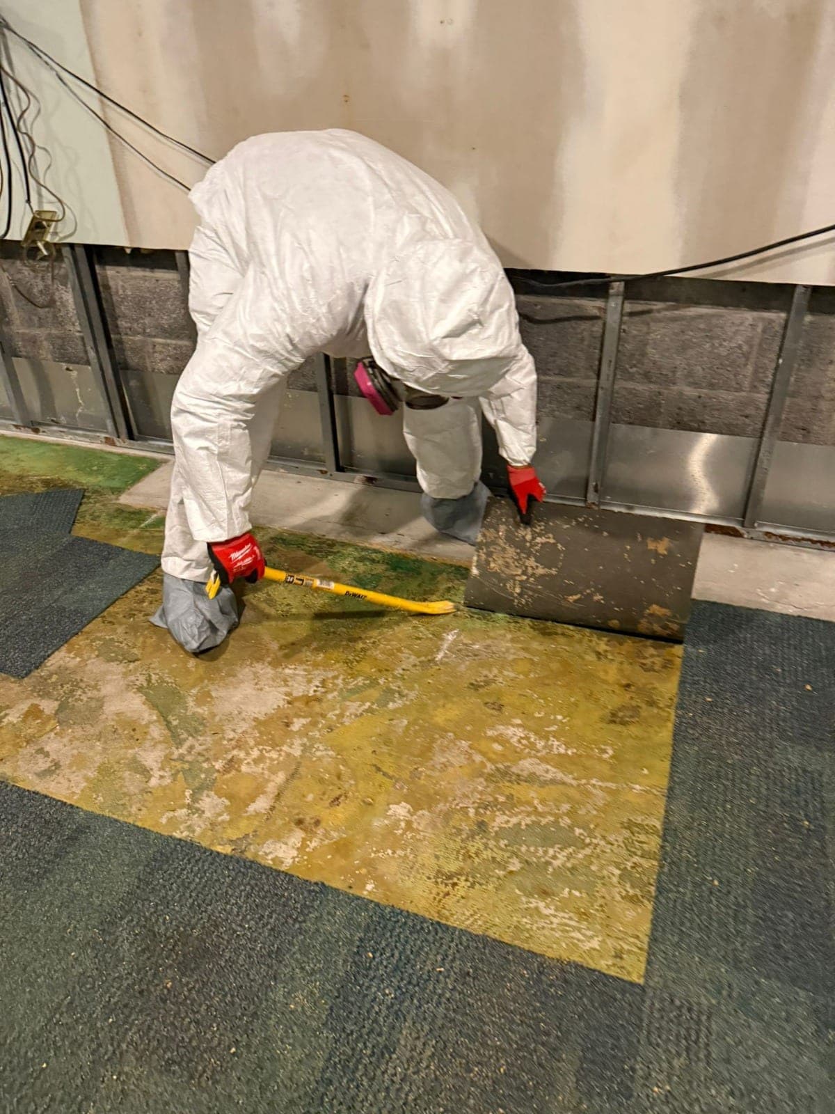Technician prying up water-damaged floor tile beside a flood-cut wall in a commercial basement